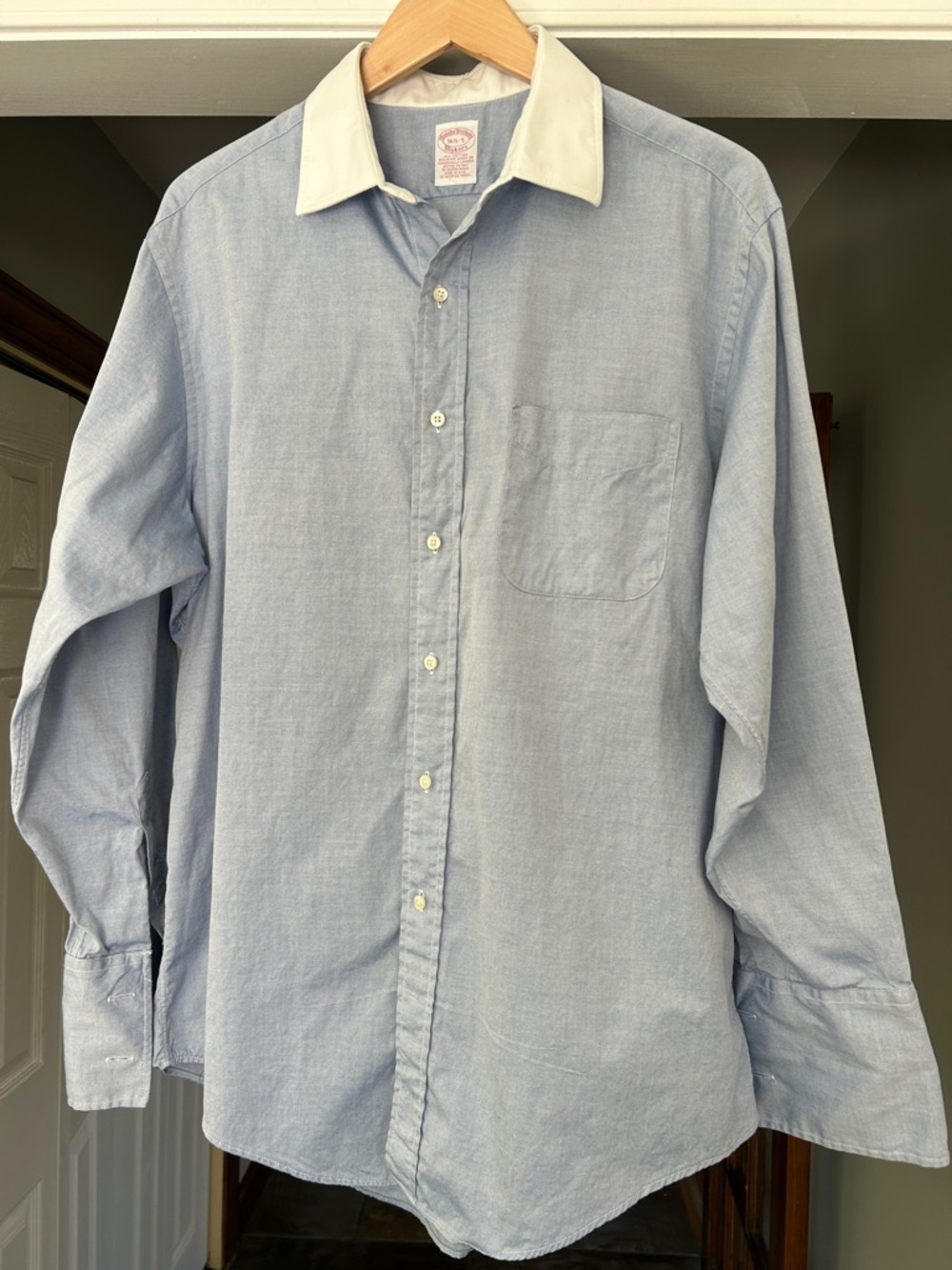 Men’s Brooks Brothers Cotton Button French Cuff Shirt Blue White Collar Sz 16.5